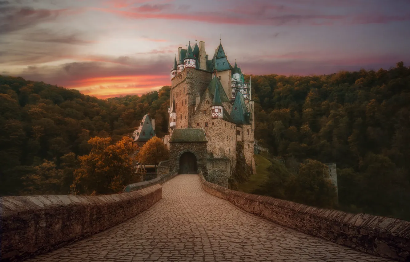 Photo wallpaper autumn, forest, clouds, sunset, bridge, castle, Germany, bridge