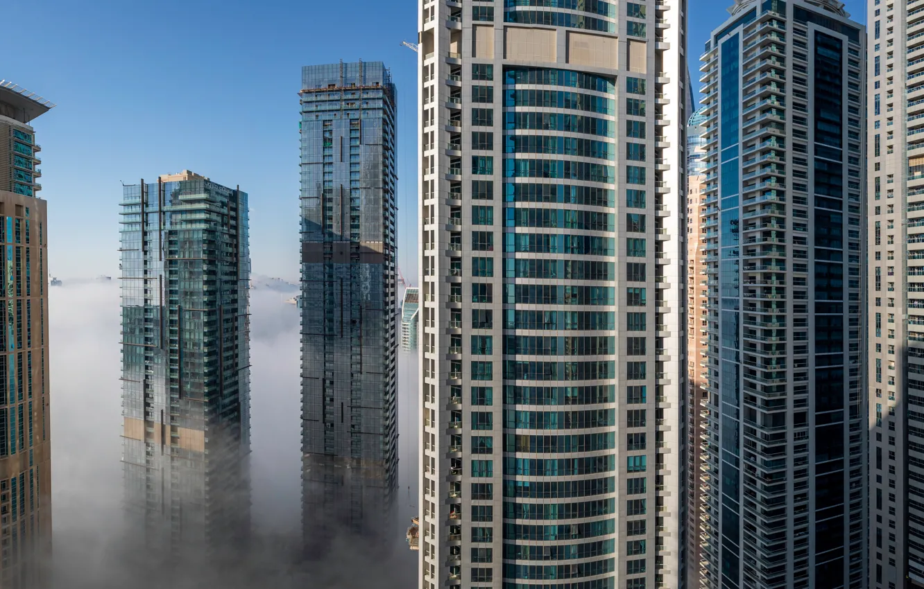 Photo wallpaper city, the city, fog, building, home, skyscrapers, house, Dubai