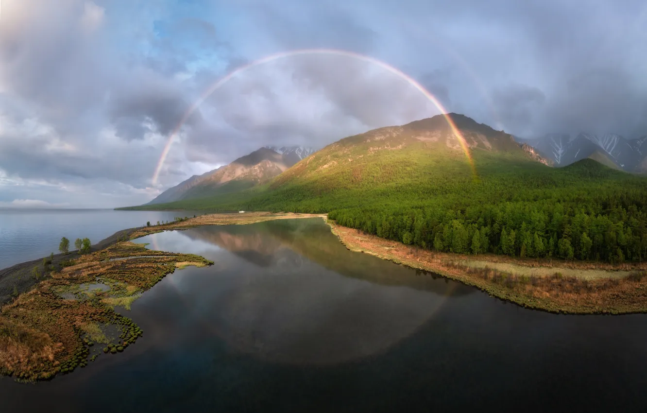 Photo wallpaper clouds, mountains, rainbow, horizon, pond, the beauty of nature, Andrey Grachev, Oles