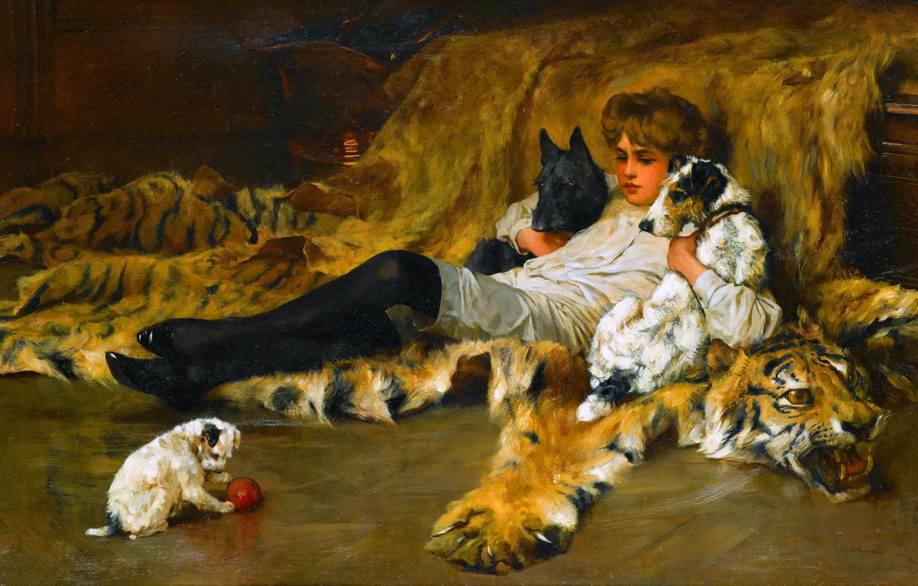 Photo wallpaper Girl, Dog, Picture, Arthur Wardle, British artist, Tiger Skin, After the ball, Arthur Vardl