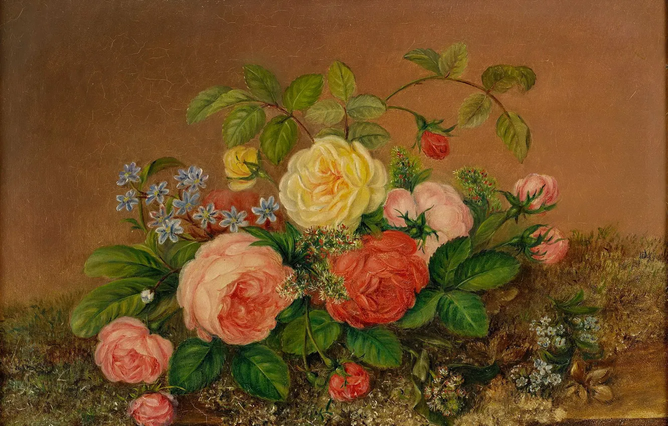 Photo wallpaper flowers, oil, roses, still life, Augusta Plagemann, Augusta Plagemann, "Still life with roses"
