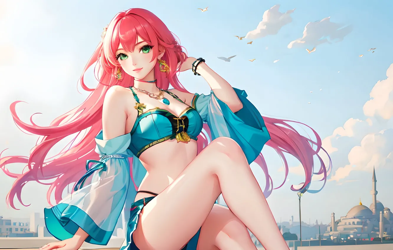 Photo wallpaper look, clouds, pose, Asia, anime, pink hair, green eyes, beautiful girl