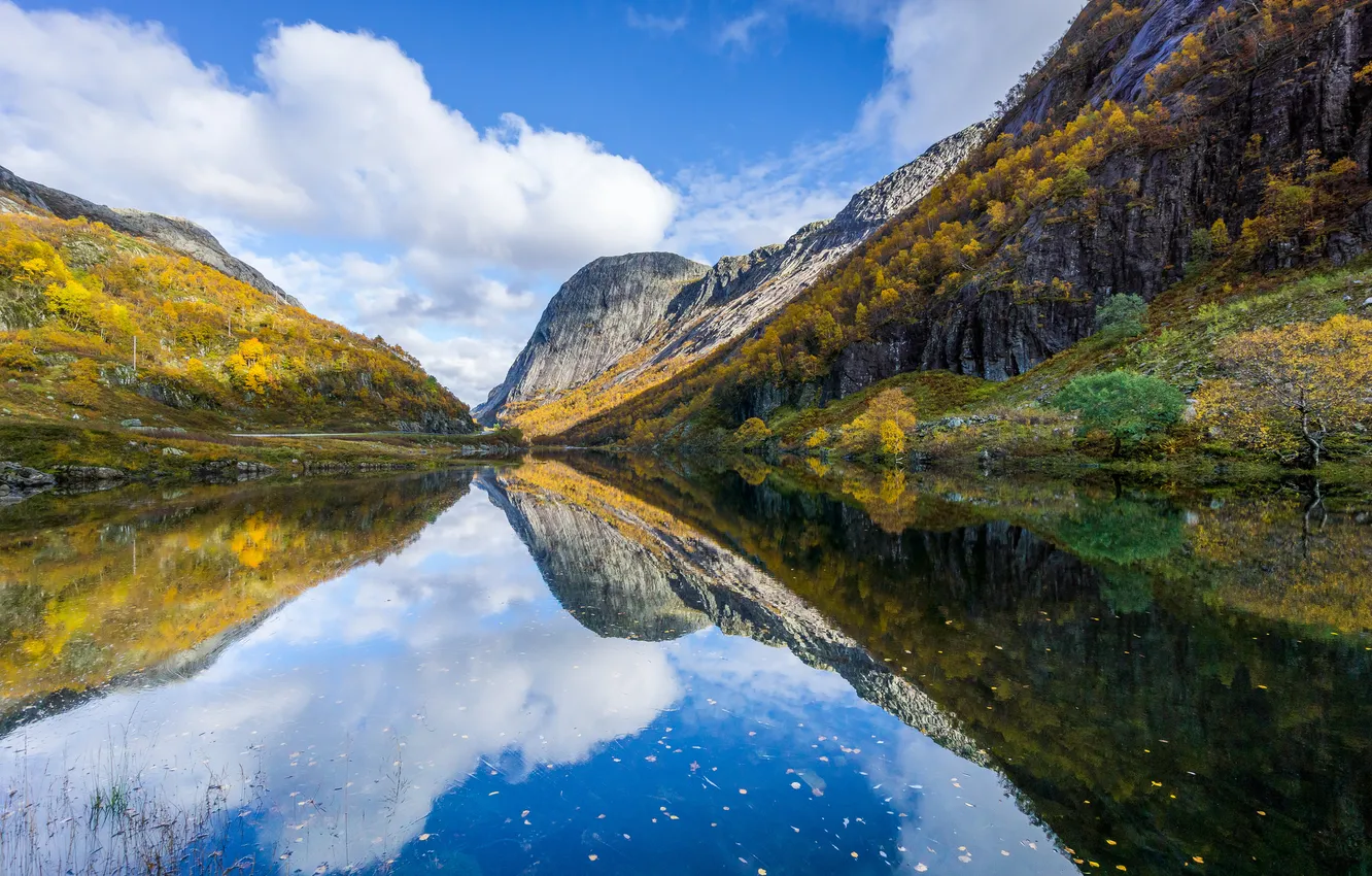 Photo wallpaper clouds, mountains, lake, reflection, river, mirror, the fjord