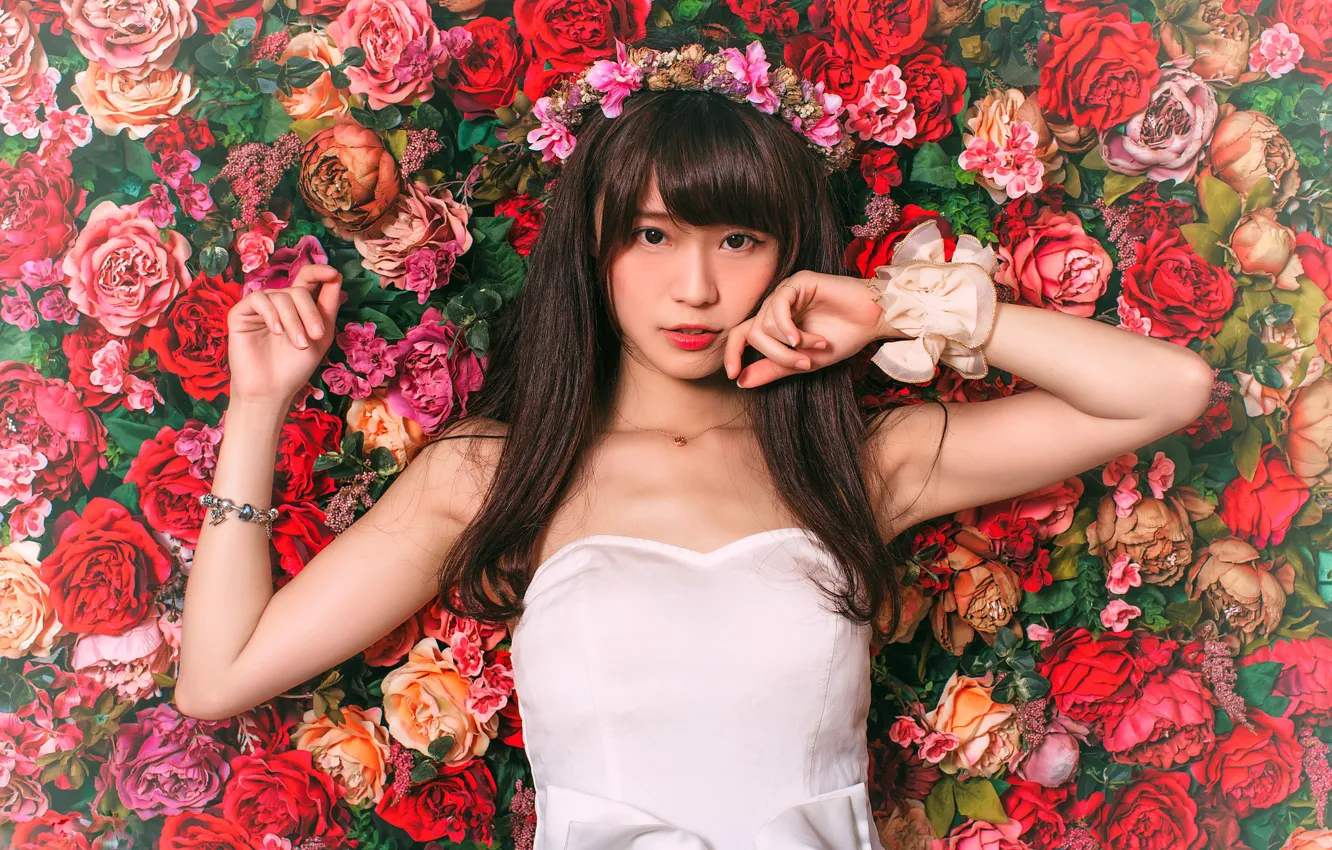 Photo wallpaper girl, flowers, Asian, cutie