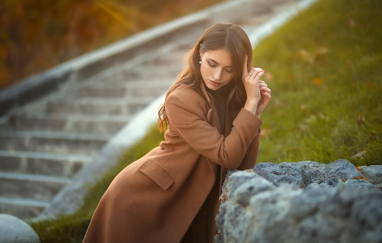 Photo wallpaper girl, grass, women, brunette, stairs, red nails, Dmitry Shulgin, Trench coat