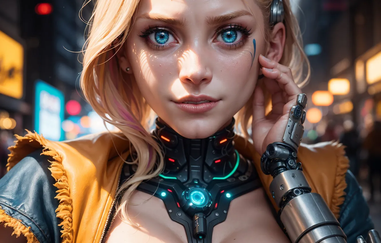 Photo wallpaper eyes, orange, blonde, cyborg, blue eyes, Blondie, big eyes, devoshun