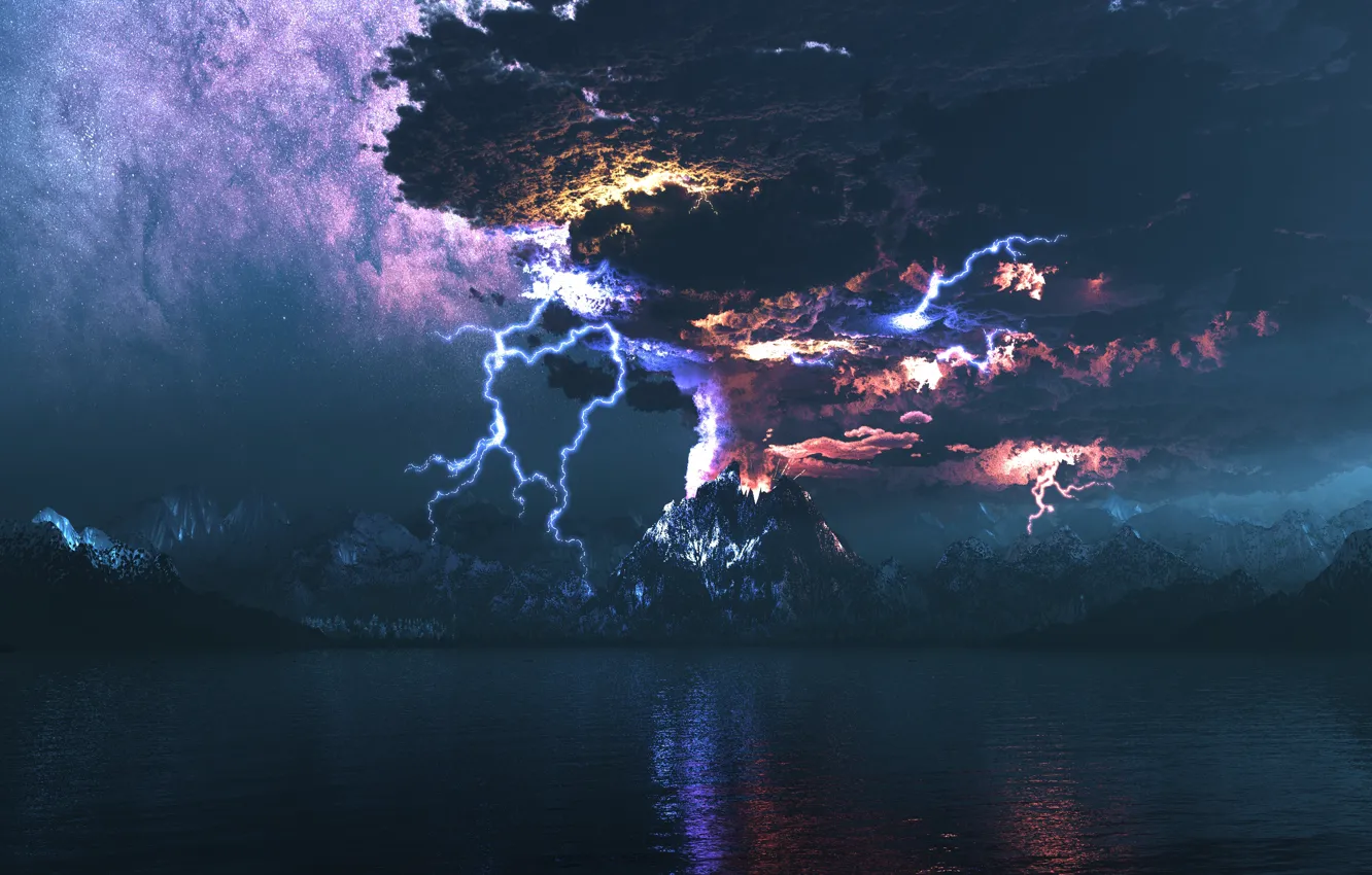 Photo wallpaper night, lightning, the volcano, the eruption, digital, Dodenfell