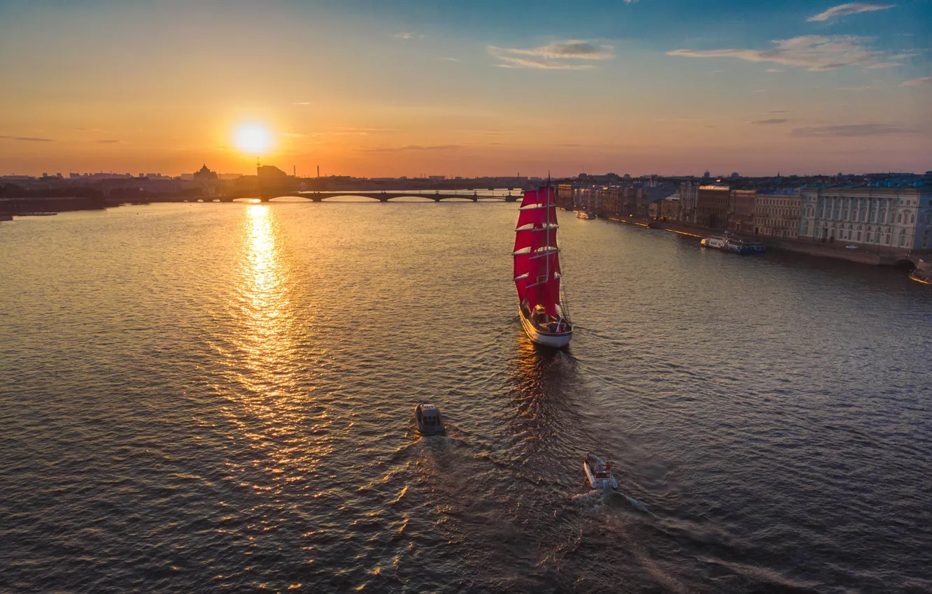 Photo wallpaper sunset, bridge, river, sailboat, boats, Saint Petersburg, Russia, Scarlet sails