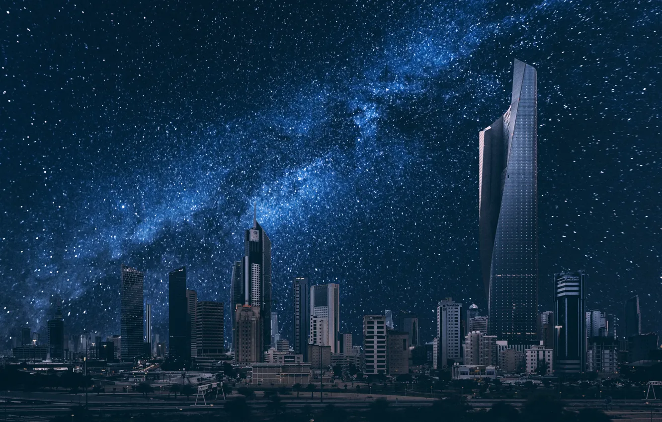 Photo wallpaper building, night city, starry sky, Kuwait City, Kuwait, Kuwait