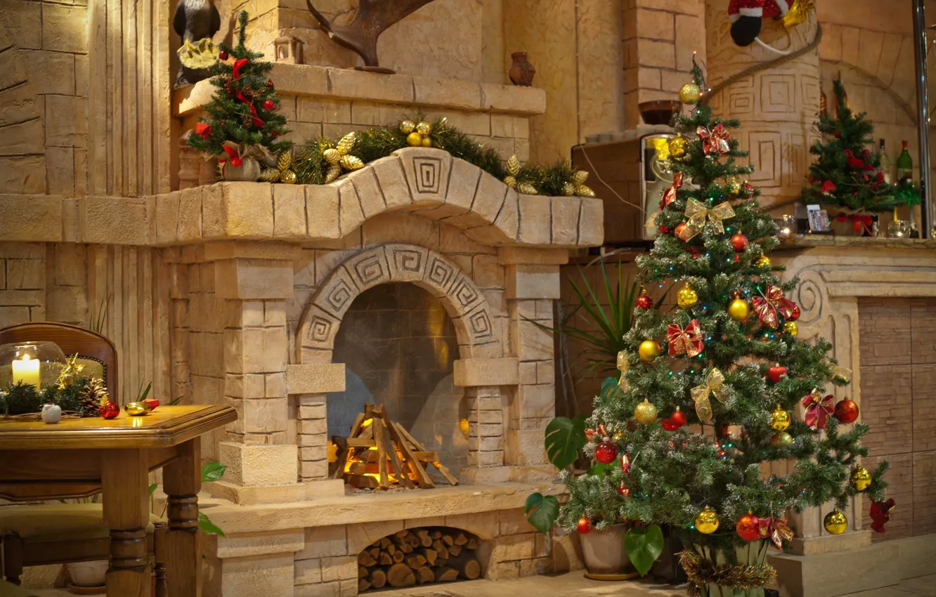 Photo wallpaper decoration, heat, holiday, tree, Christmas, New year, fireplace