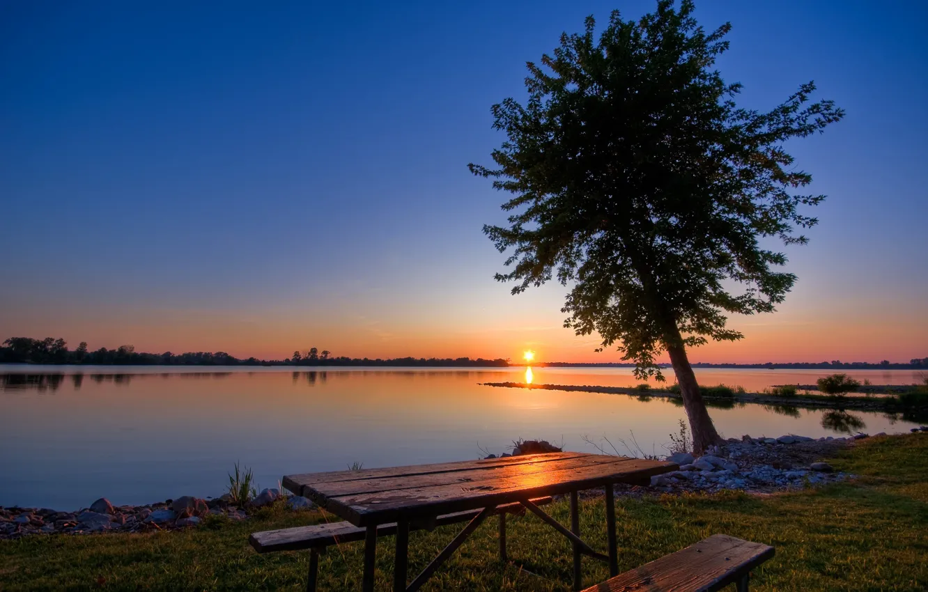 Photo wallpaper trees, sunset, lake, table