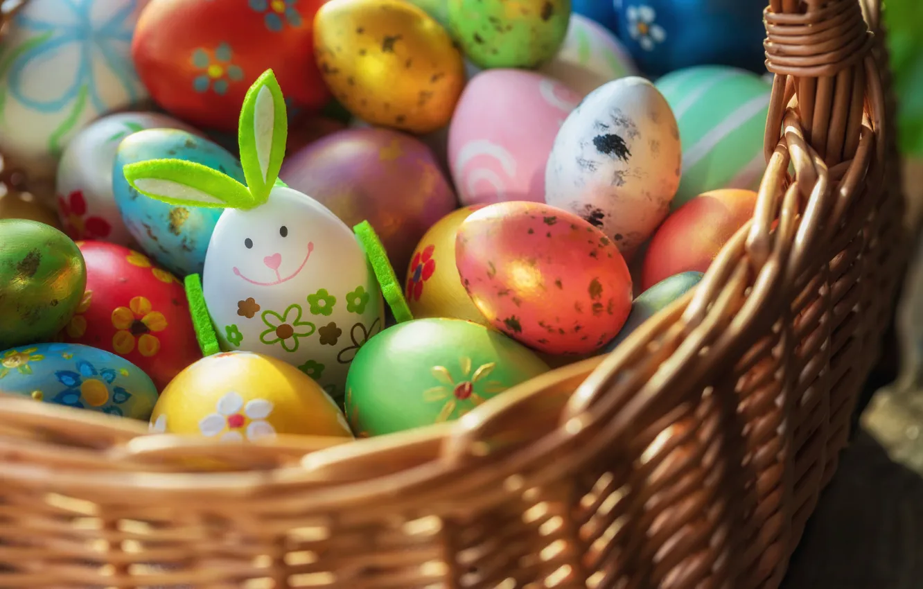 Photo wallpaper light, smile, holiday, eggs, spring, rabbit, Easter, basket