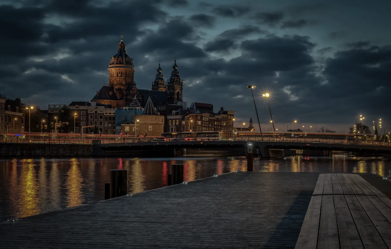 Photo wallpaper river, building, Marina, home, pier, Amsterdam, Church, Cathedral