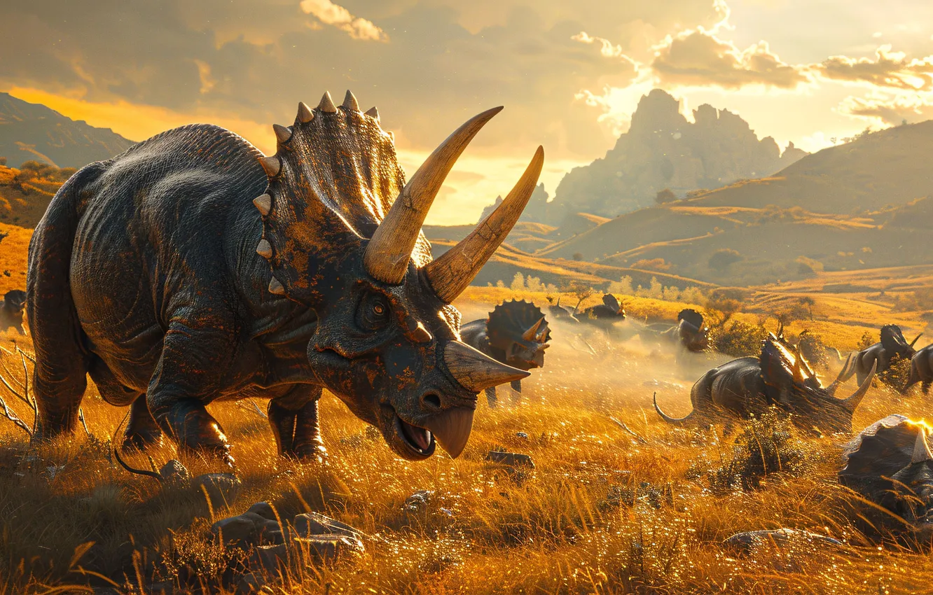 Photo wallpaper grass, animal, dinosaur, horns, Triceratops, digital art, Triceratops, Ancient animals