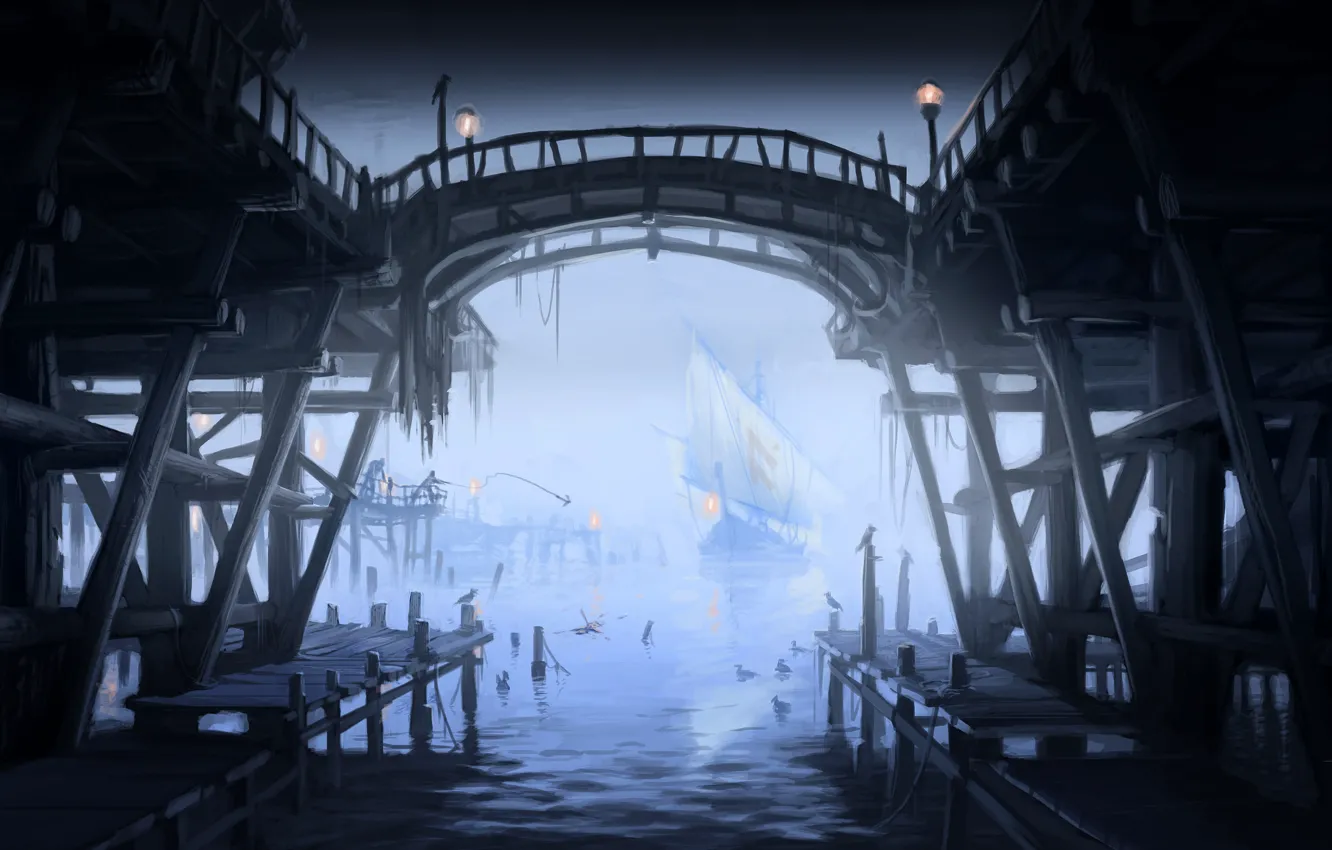 Photo wallpaper Marina, seagulls, ships, port, lights, sailboats, Skyrim, concept art