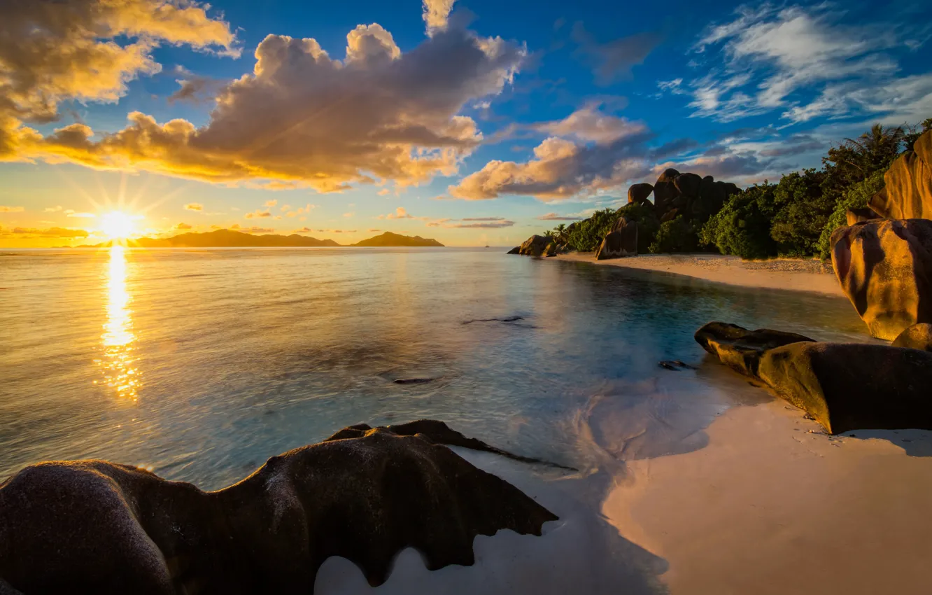 Photo wallpaper sunset, lake, stones