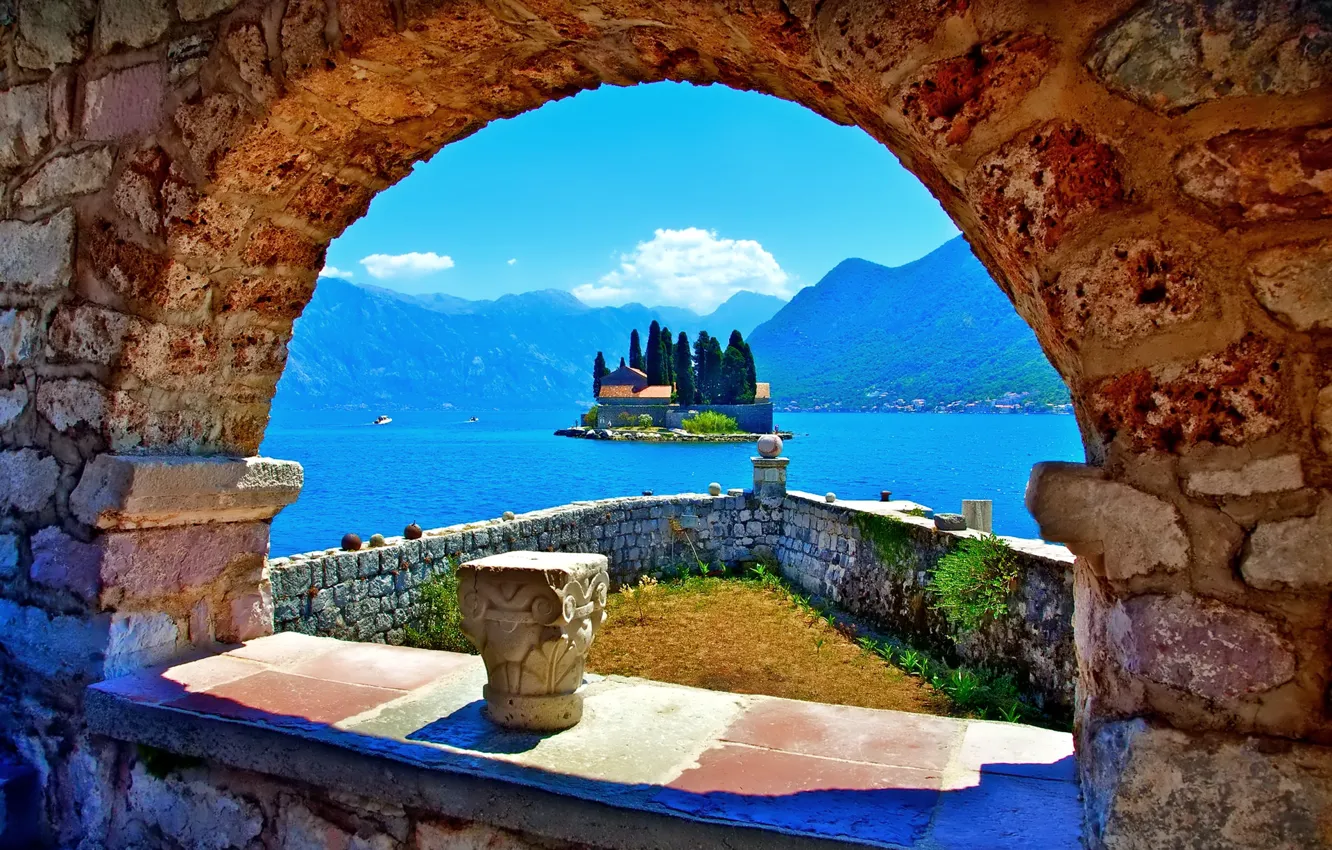 Photo wallpaper mountains, lake, island, the monastery, Montenegro, Perast