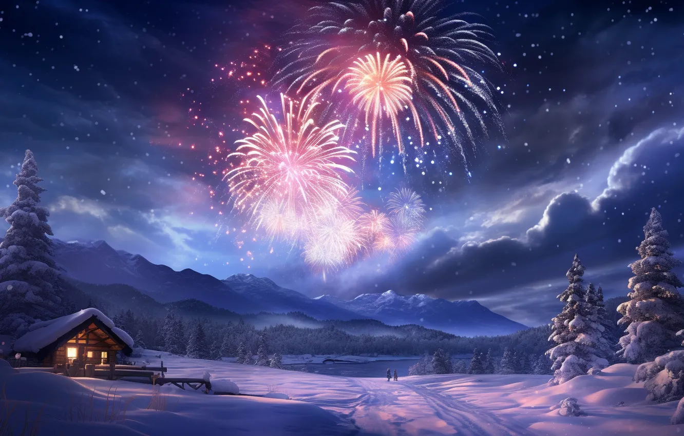 Photo wallpaper winter, snow, night, lights, salute, New Year, village, Christmas