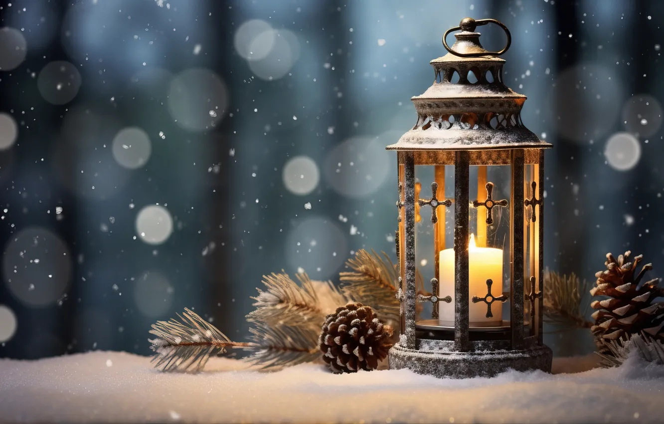 Photo wallpaper winter, snow, night, new year, Christmas, lights, Christmas, night