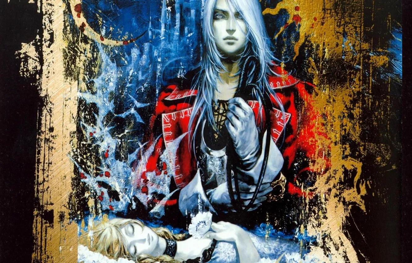 Photo wallpaper vampire, the coffin, art, white flowers, closed eyes, castlevania, whip, ayami kojima