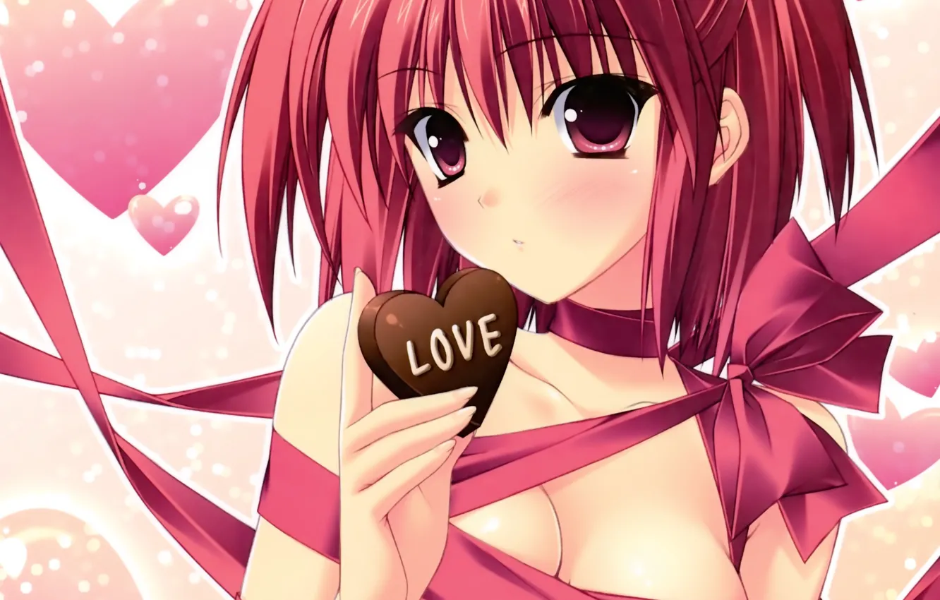 Photo wallpaper girl, tape, anime, art, love, bows, heart, naked