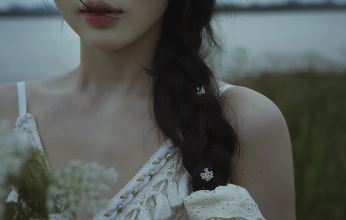 Photo wallpaper woman, water, flowers, lake, evening, model, dusk, asian