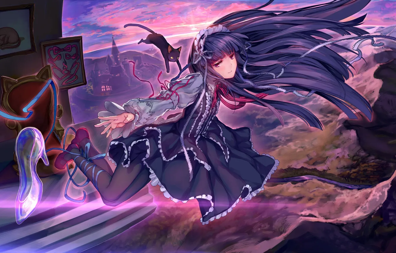 Photo wallpaper cat, look, girl, shoes, flight, smile, castle, art