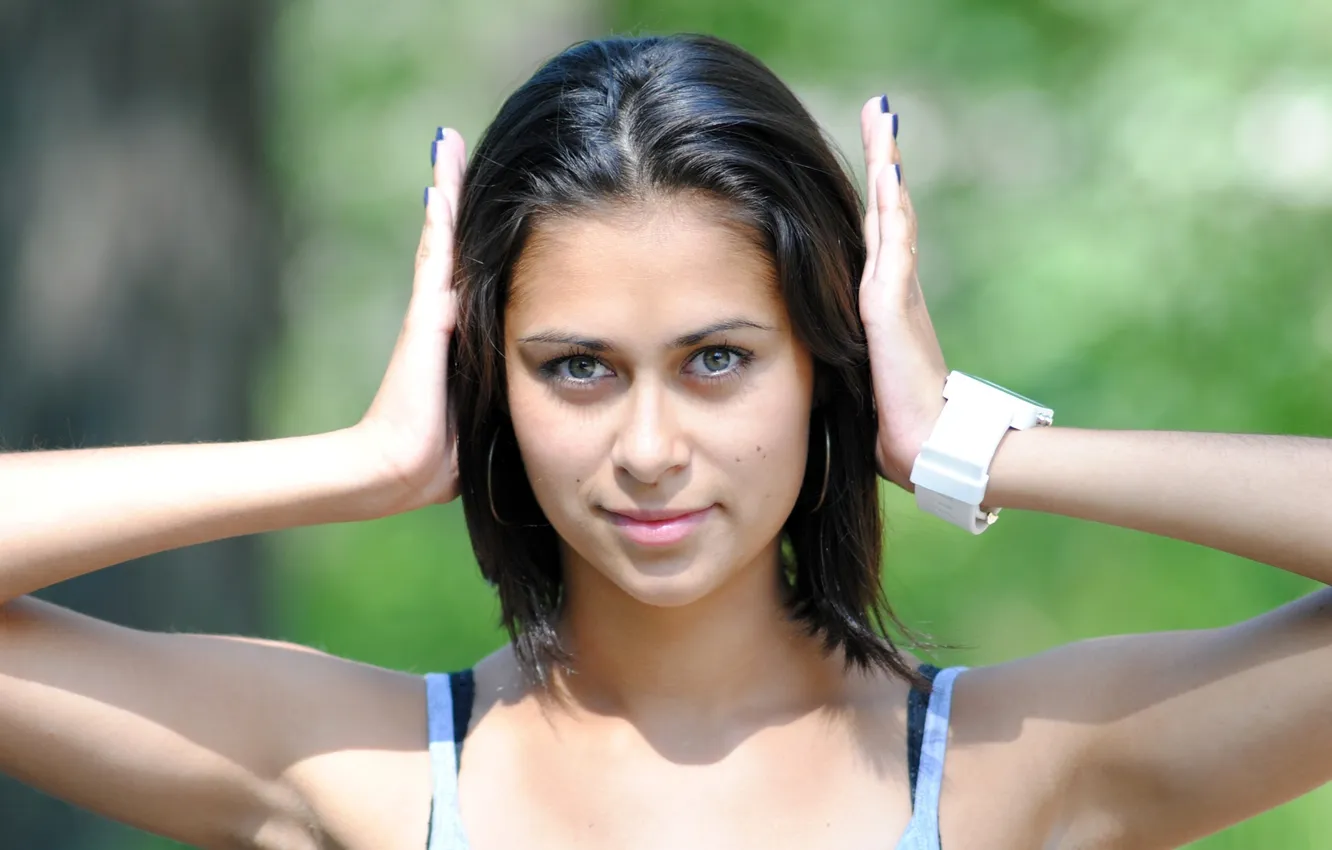 Photo wallpaper look, watch, hands, brunette