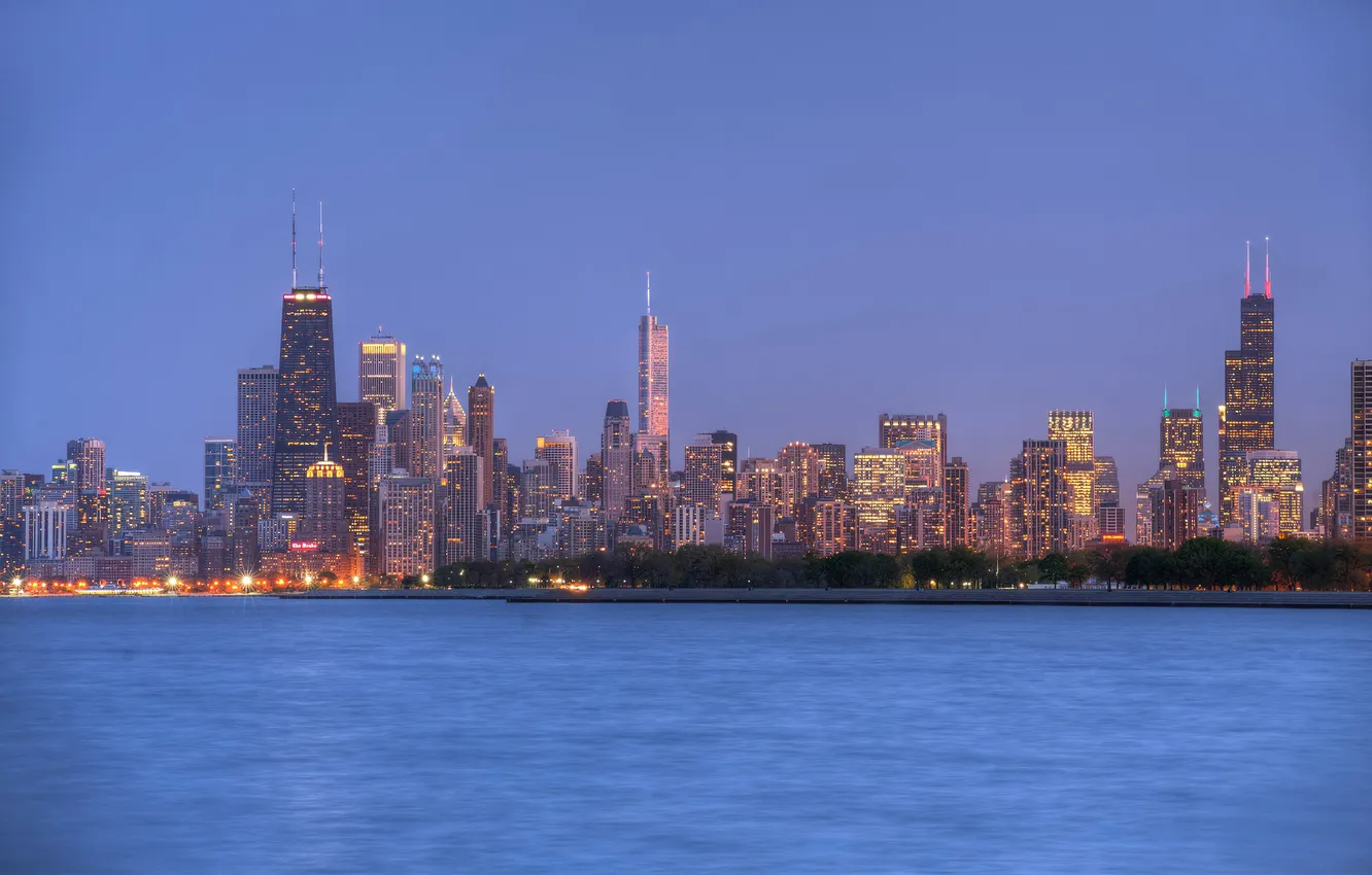 Photo wallpaper the city, building, the evening, Chicago, panorama