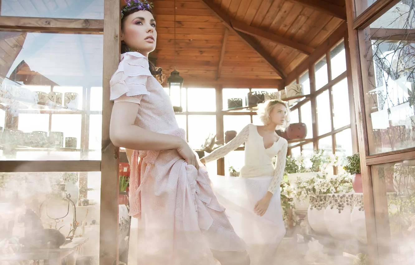 Photo wallpaper glass, girl, flowers, reverie, branches, makeup, blonde, pot