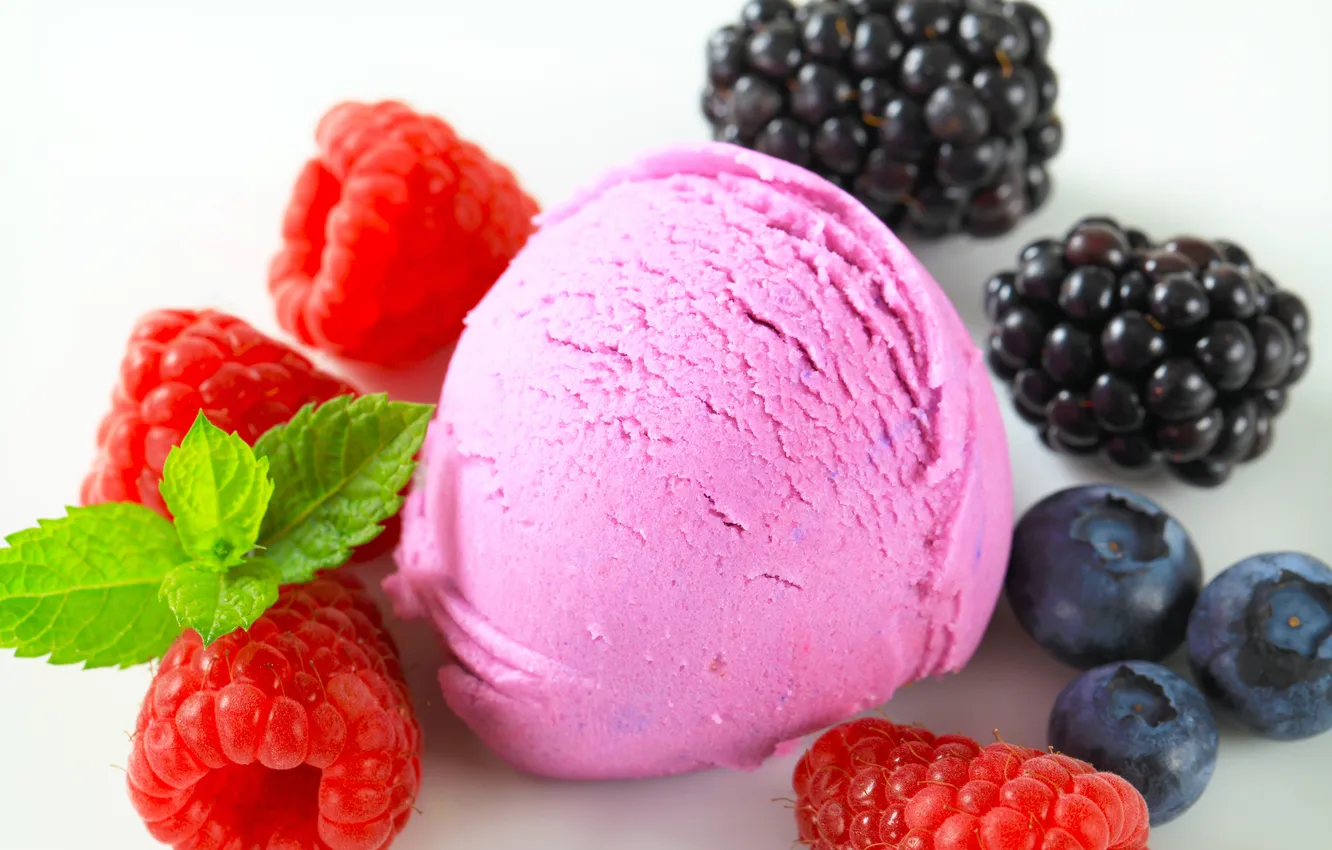 Photo wallpaper raspberry, blueberries, plate, ice cream, dessert, BlackBerry, sweet, berry