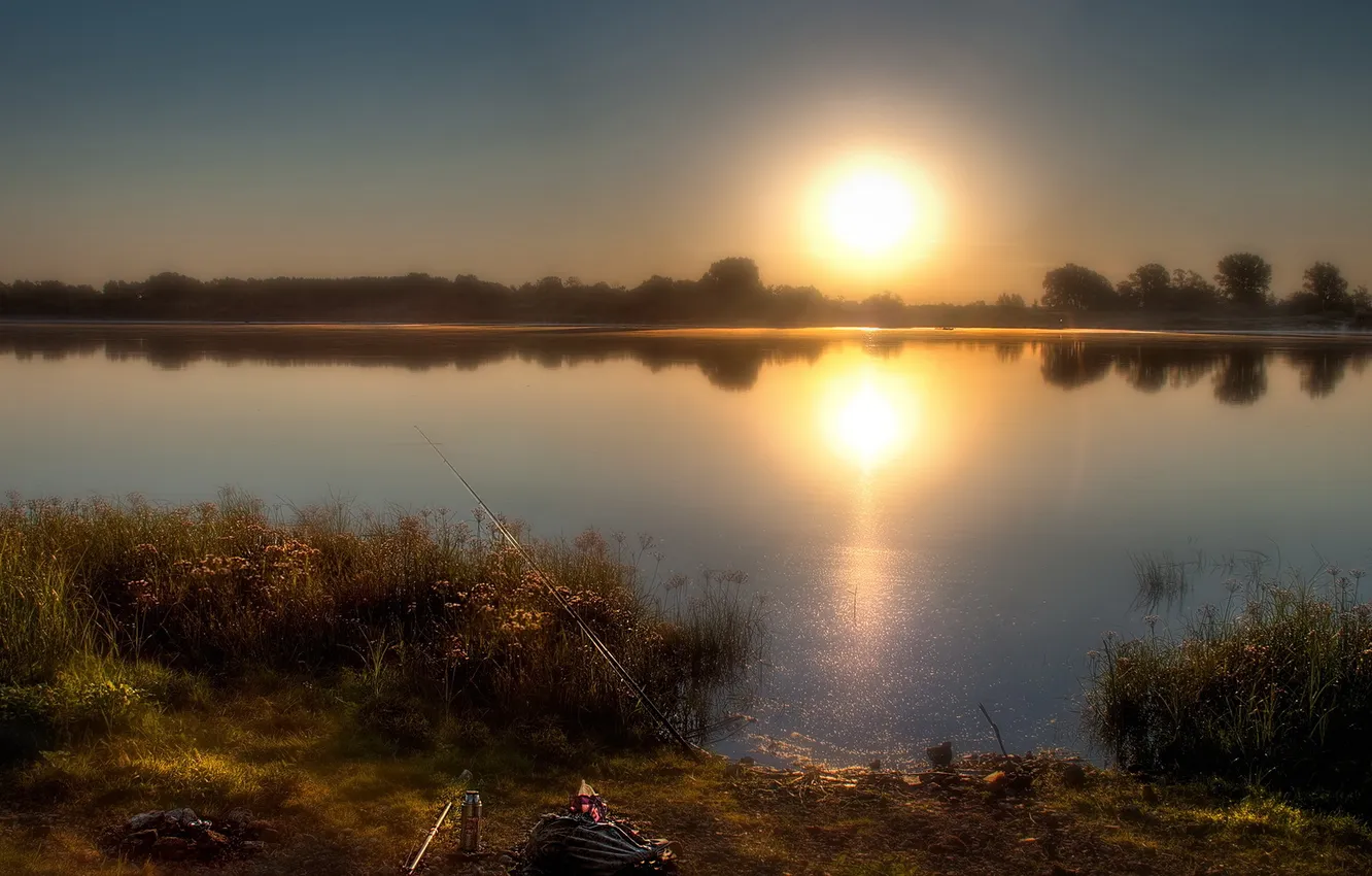 Photo wallpaper landscape, sunset, river, fishing