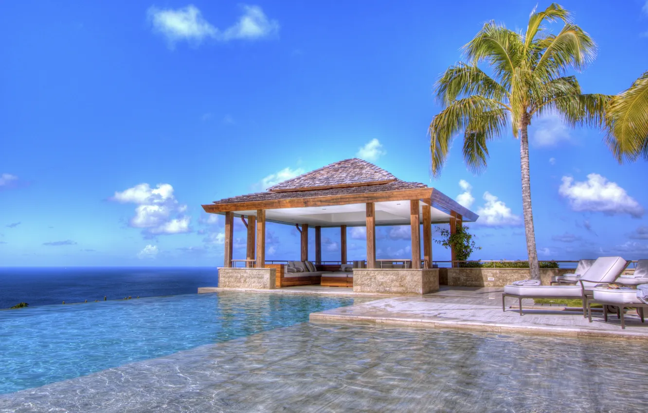Photo wallpaper palm trees, the ocean, pool, resort