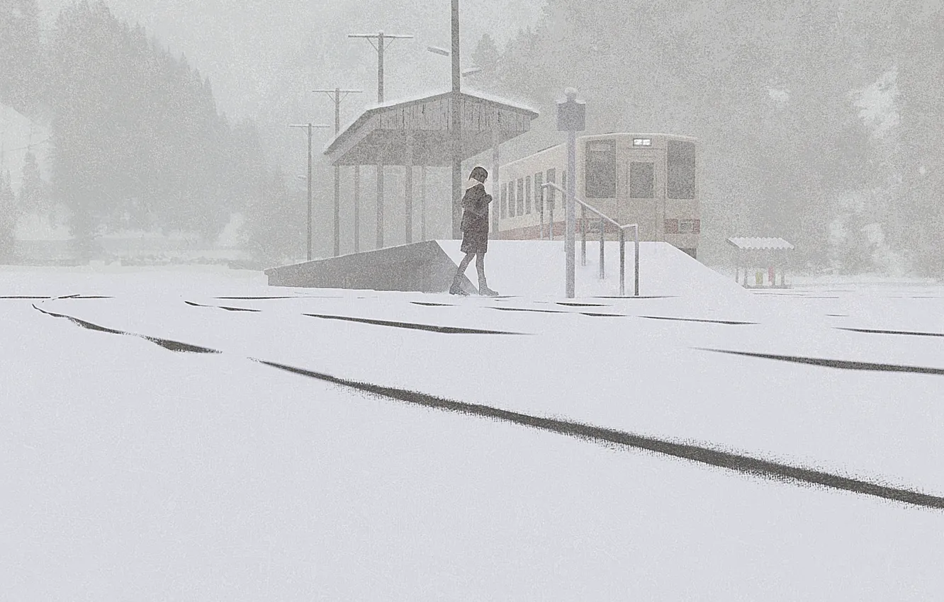 Photo wallpaper girl, train, snowfall
