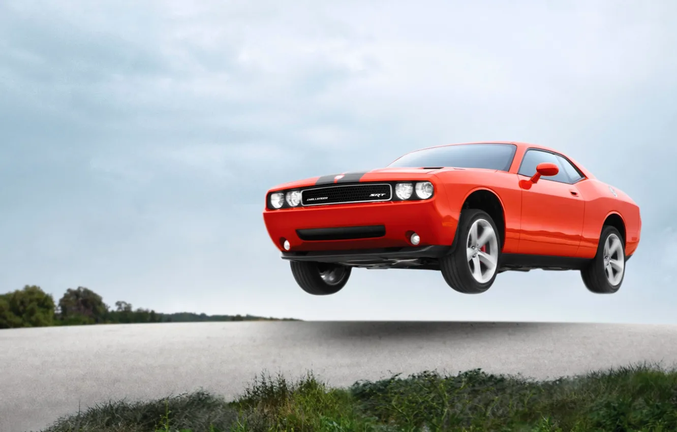 Photo wallpaper Auto, Machine, Speed, Orange, Dodge, SRT8, Challenger, in the air