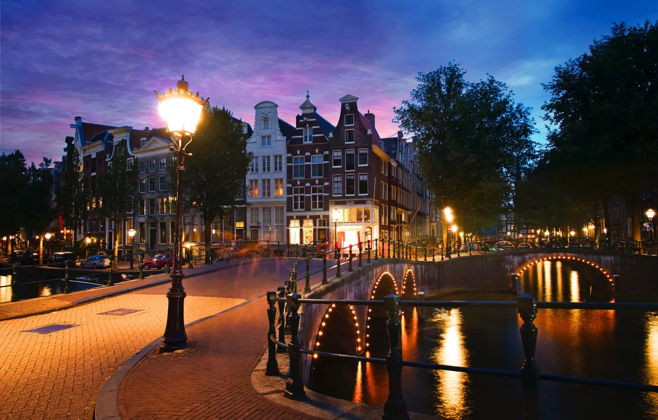 Photo wallpaper night, the city, home, lighting, Amsterdam, lights, channel, Netherlands