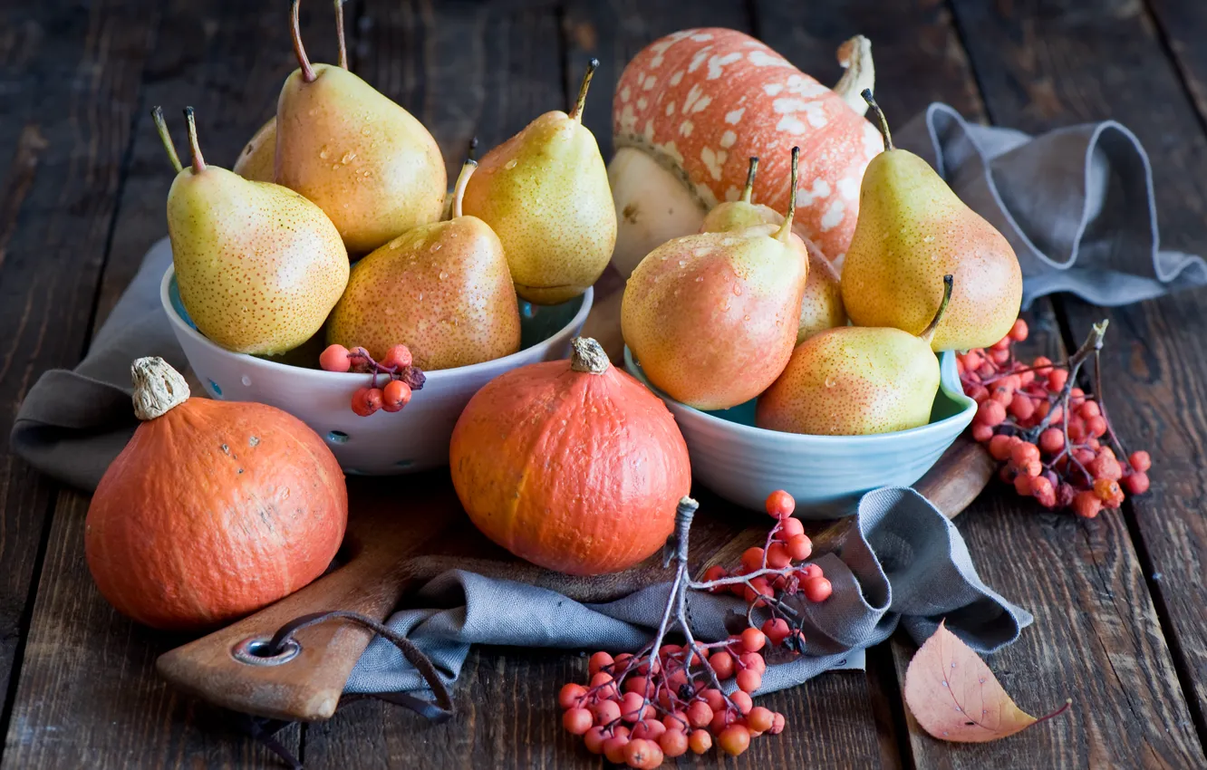 Photo wallpaper autumn, berries, pumpkin, fruit, still life, vegetables, pear
