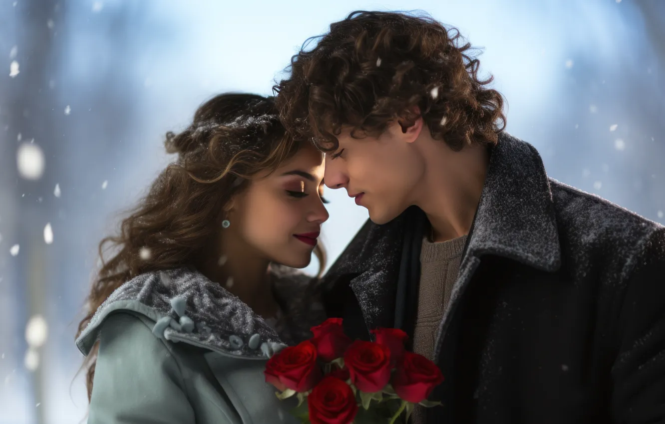 Photo wallpaper winter, girl, snow, love, flowers, holiday, roses, bouquet