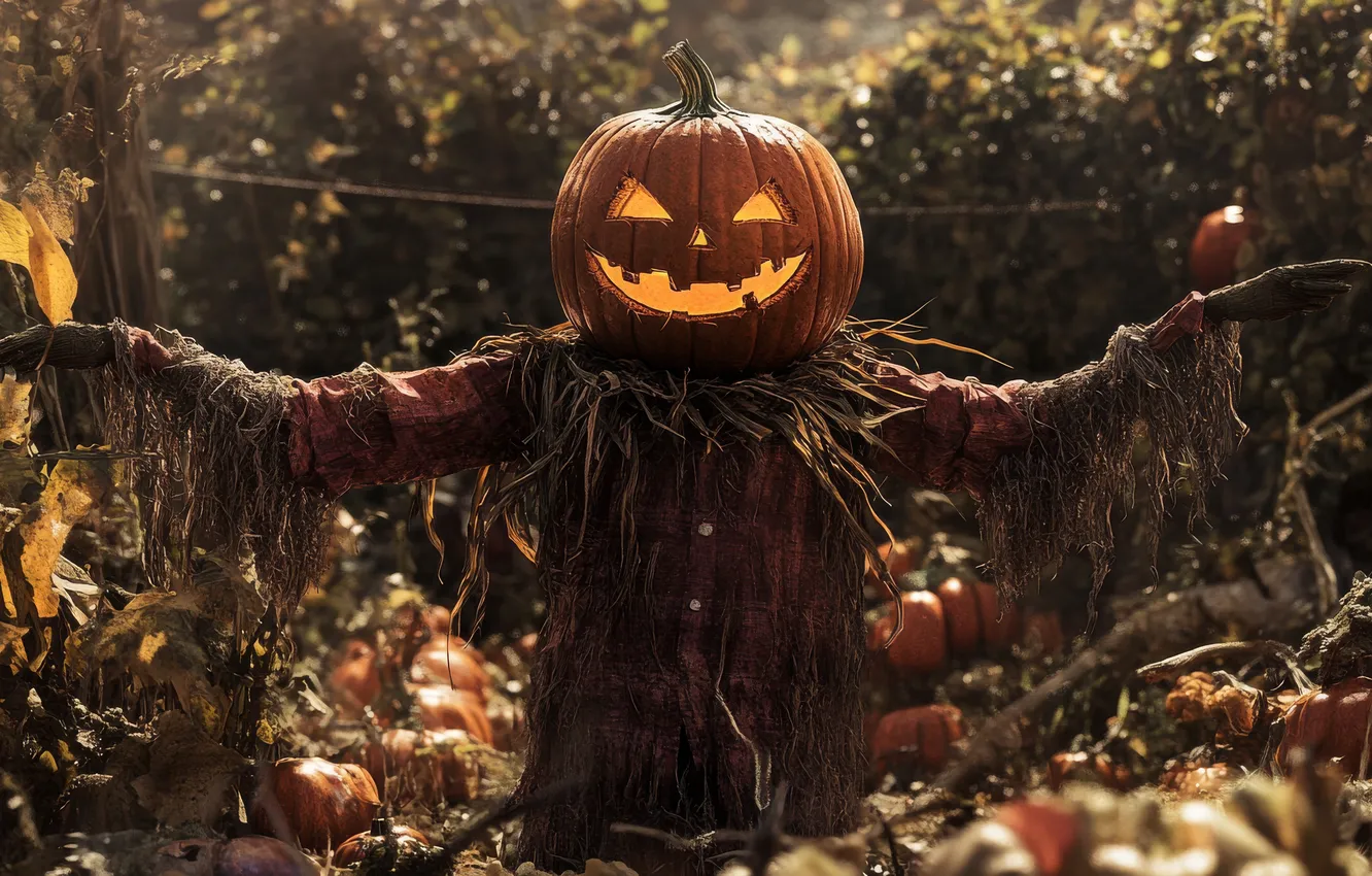 Photo wallpaper autumn, lights, holiday, men, garden, pumpkin, Halloween, Halloween