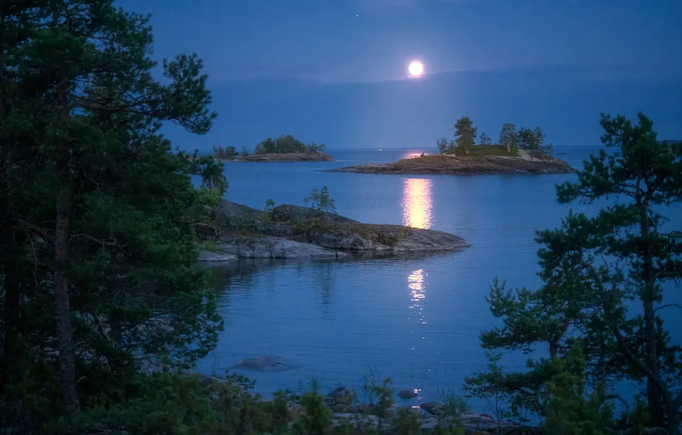 Photo wallpaper landscape, night, nature, stones, the moon, Lake Ladoga, Karelia, Ladoga