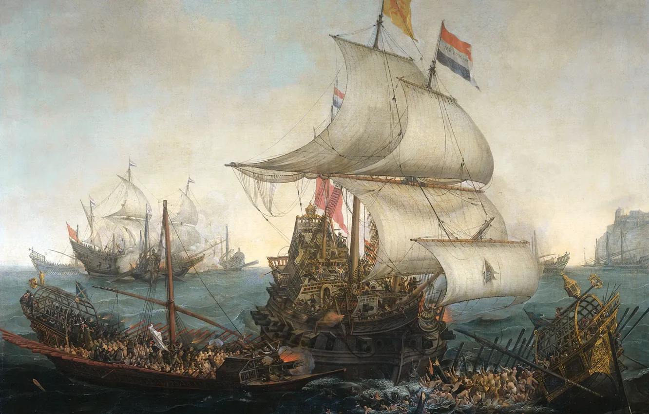 Photo wallpaper oil, picture, canvas, seascape, Cornelis From, Dutch Sailing ships and Spanish Galleys