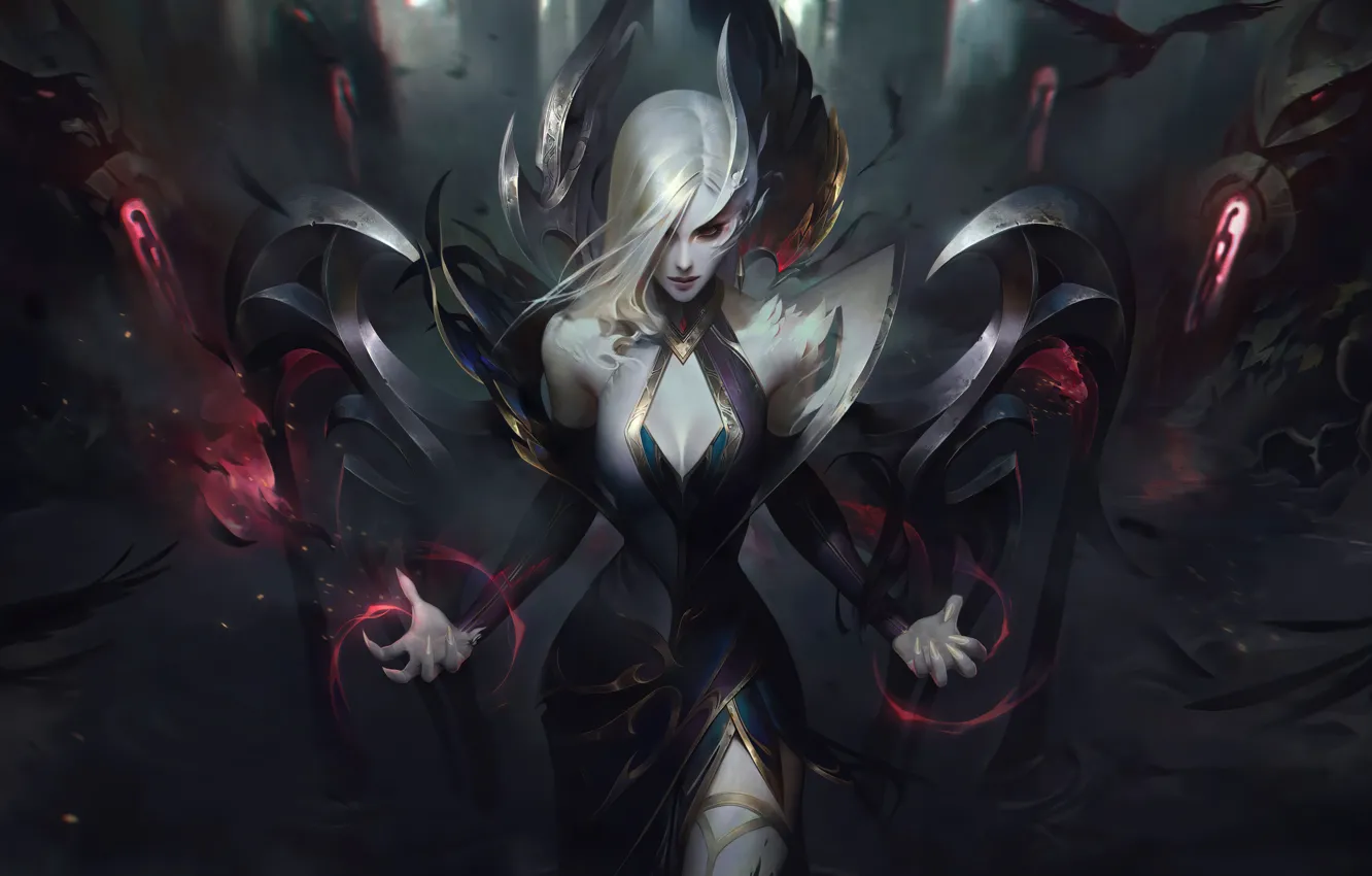 Photo wallpaper dark, girl, fantasy, game, magic, cleavage, red eyes, League of Legends