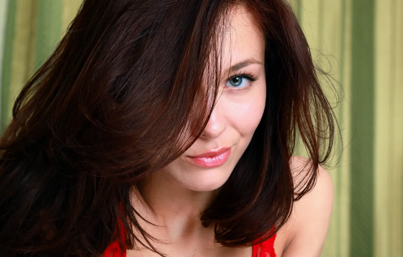 Photo wallpaper blue eyes, model, brunette, look, red dress