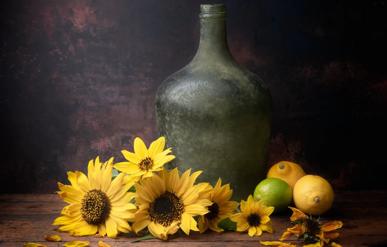 Photo wallpaper sunflowers, lemon, still life, bottle