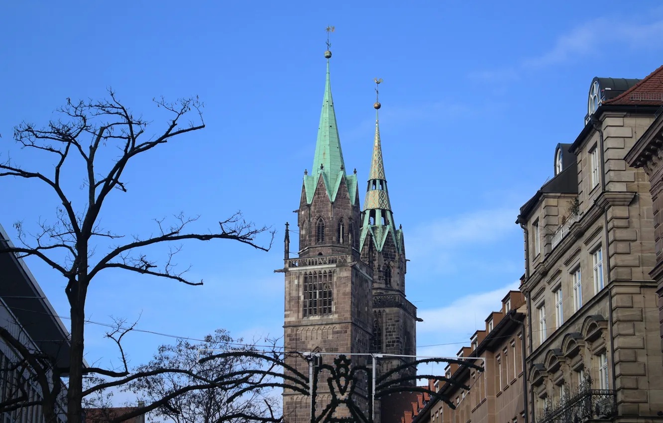Photo wallpaper street, tower, home, Germany, Bayern, Nuremberg, Lorenzkirche, St. Lawrence's Church