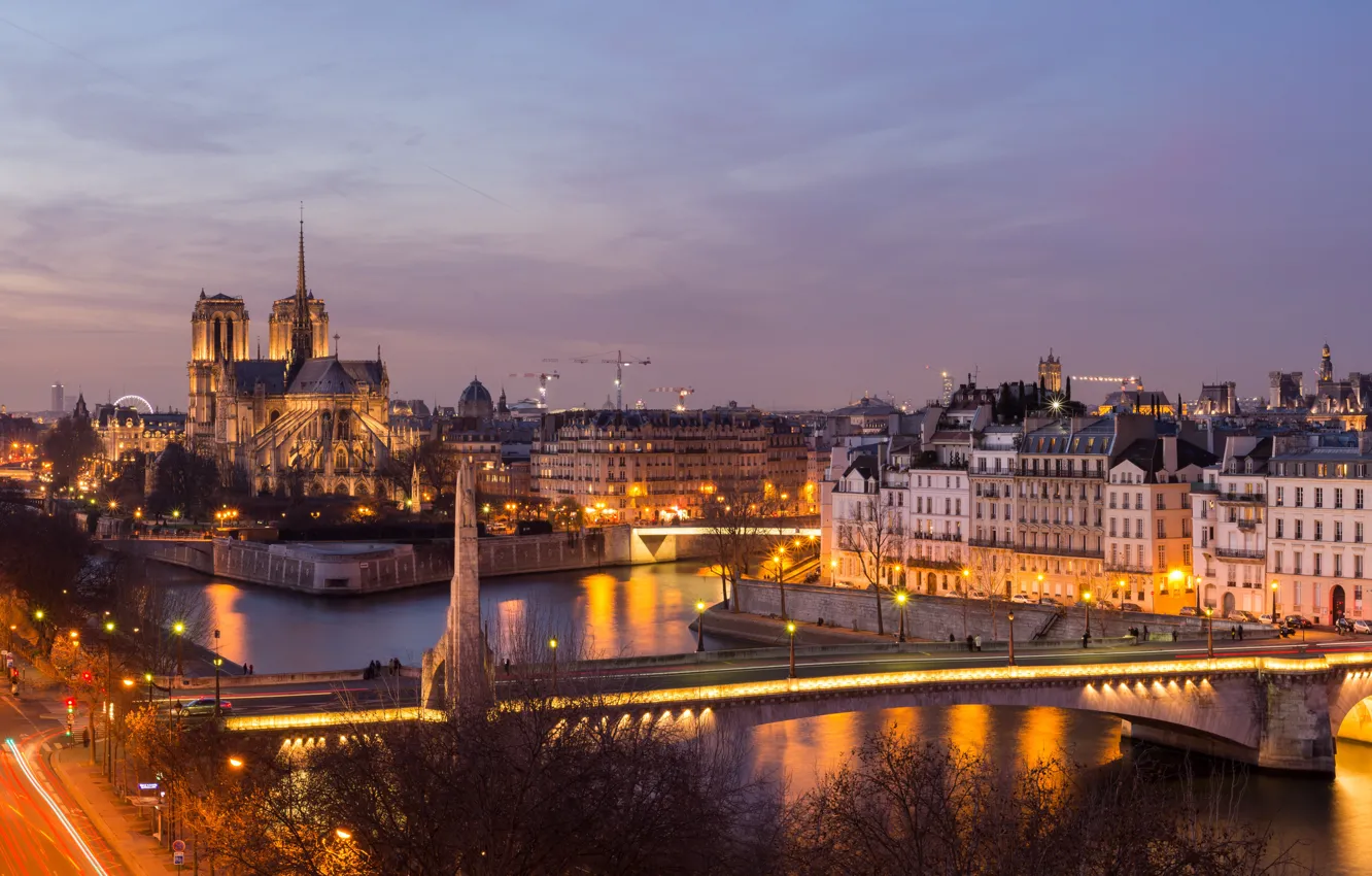 Photo wallpaper night, bridge, lights, river, France, Paris, backlight, Hay