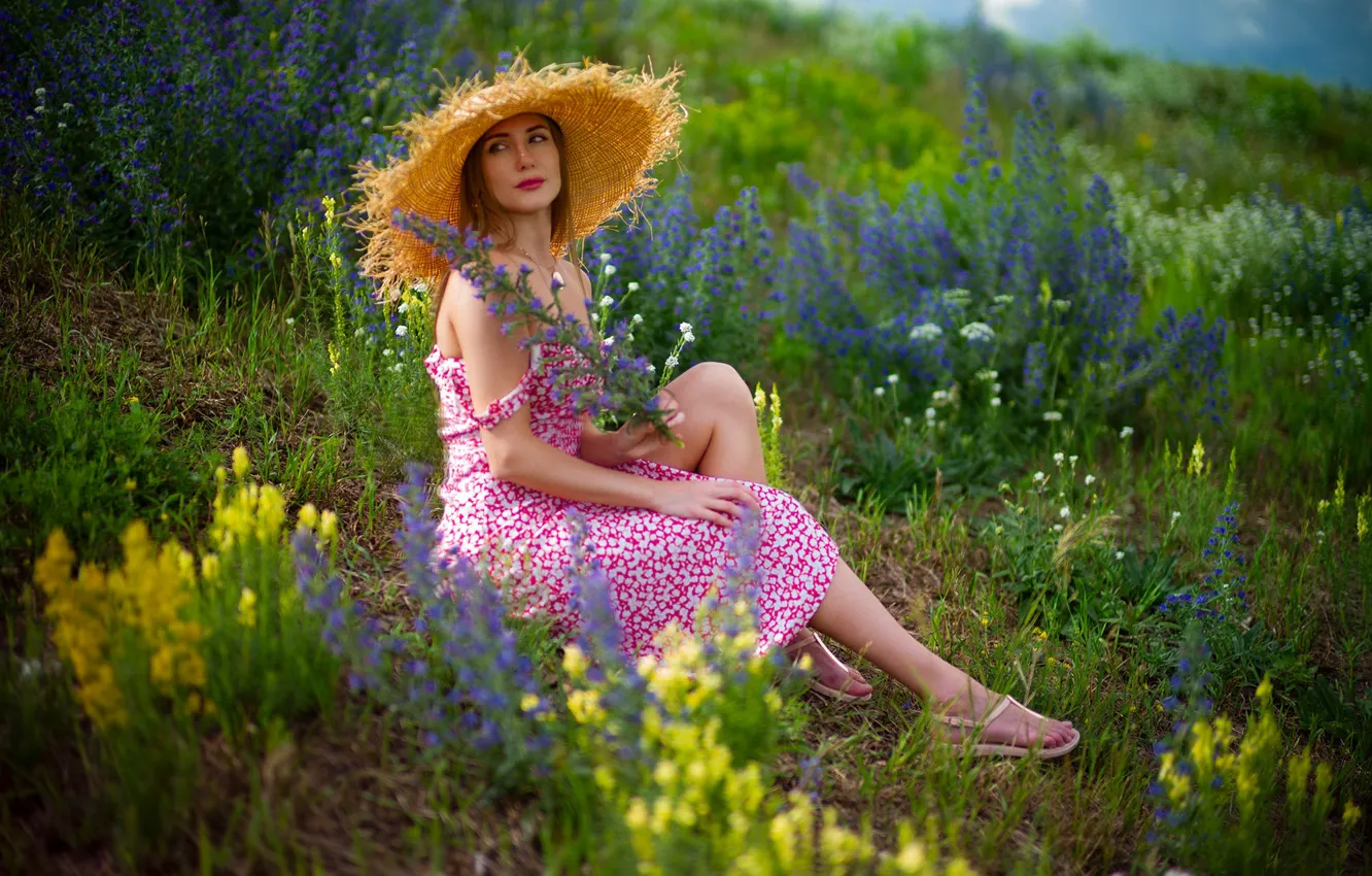 Photo wallpaper field, look, girl, flowers, model, hat, dress, beautiful