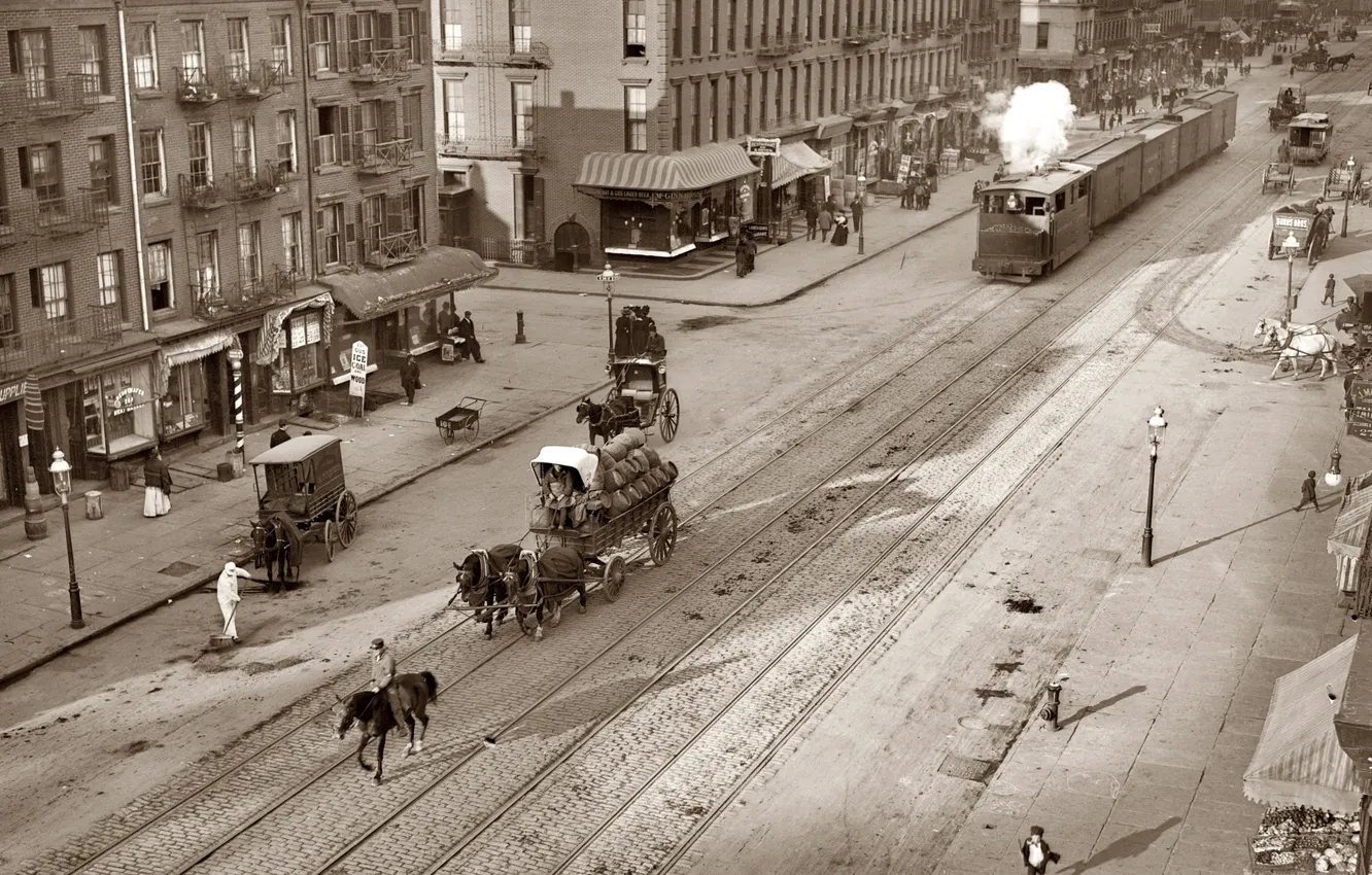 Photo wallpaper retro, transport, rails, horses, pavers, Tram, history, old town
