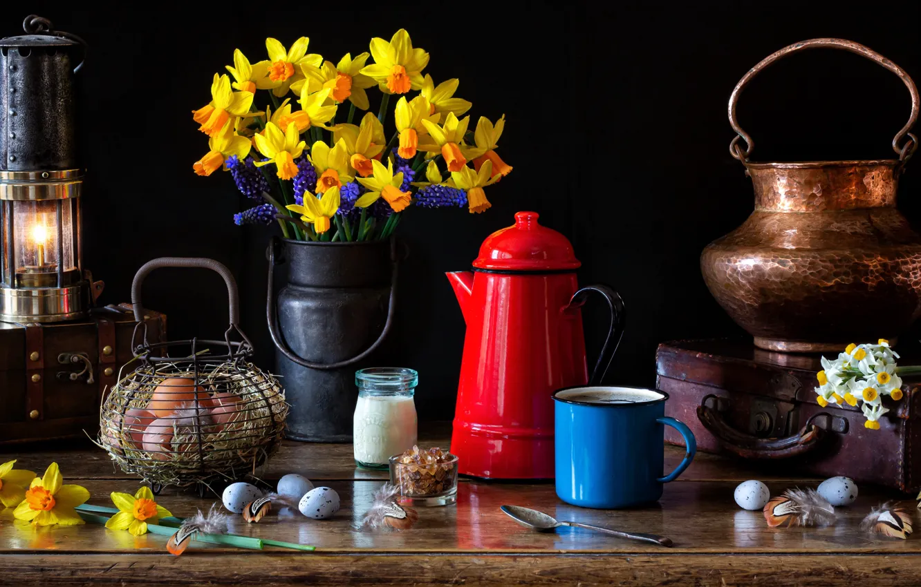 Photo wallpaper flowers, style, lamp, eggs, bouquet, mug, suitcase, still life