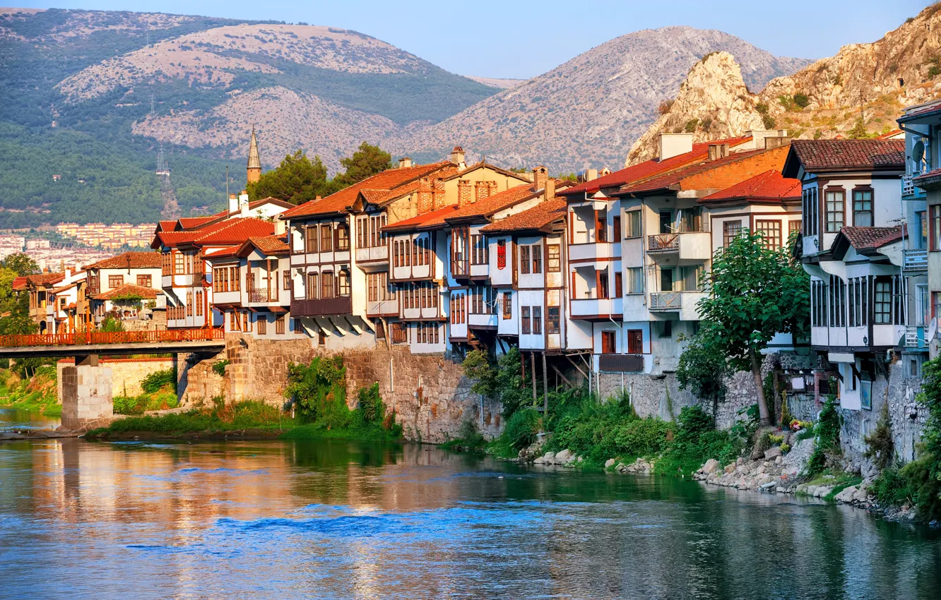 Photo wallpaper landscape, mountains, bridge, river, rocks, home, Sunny, Turkey